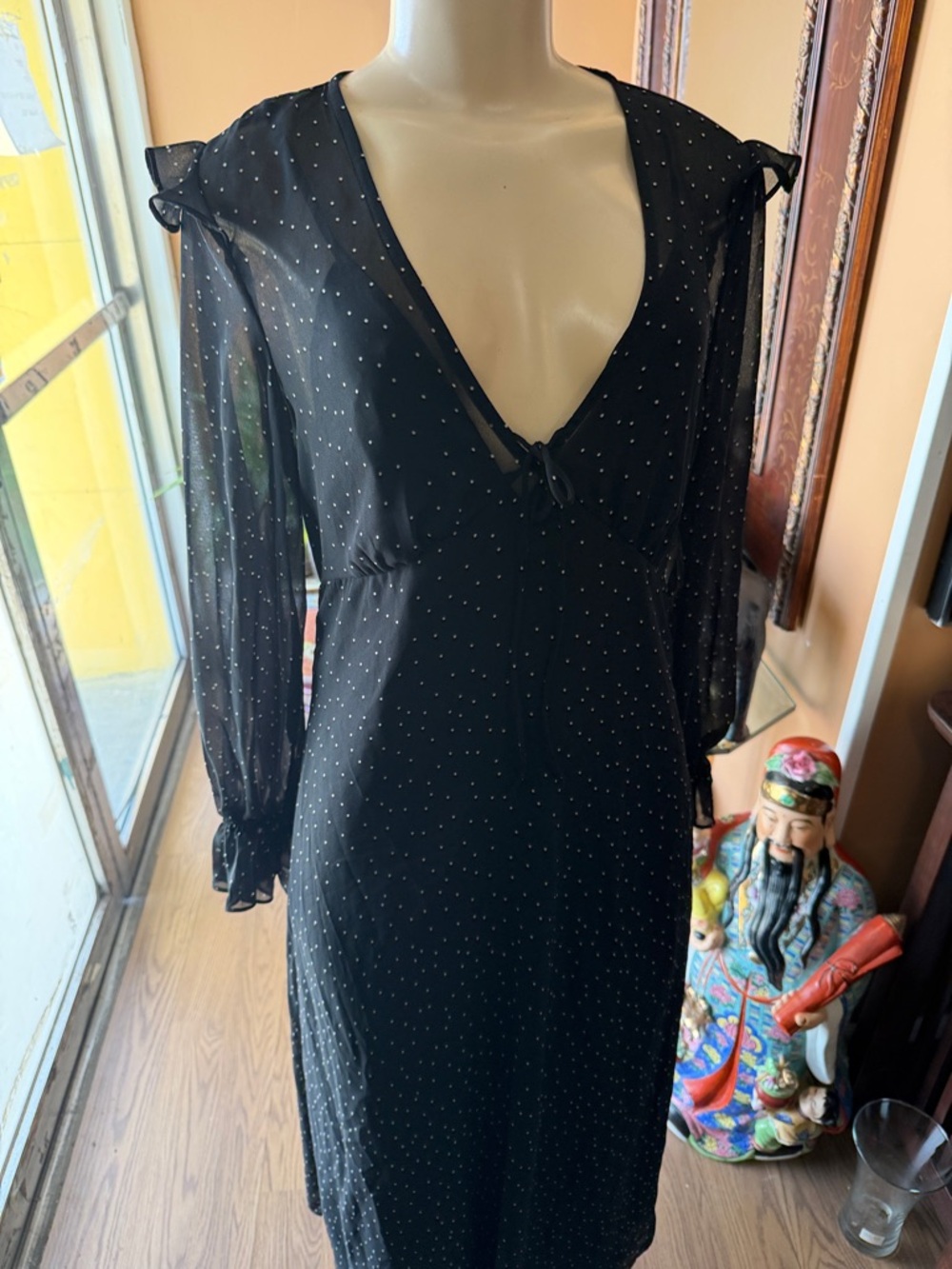 Black Polka Dot V-Neck Long Sleeve Dress - Unbranded